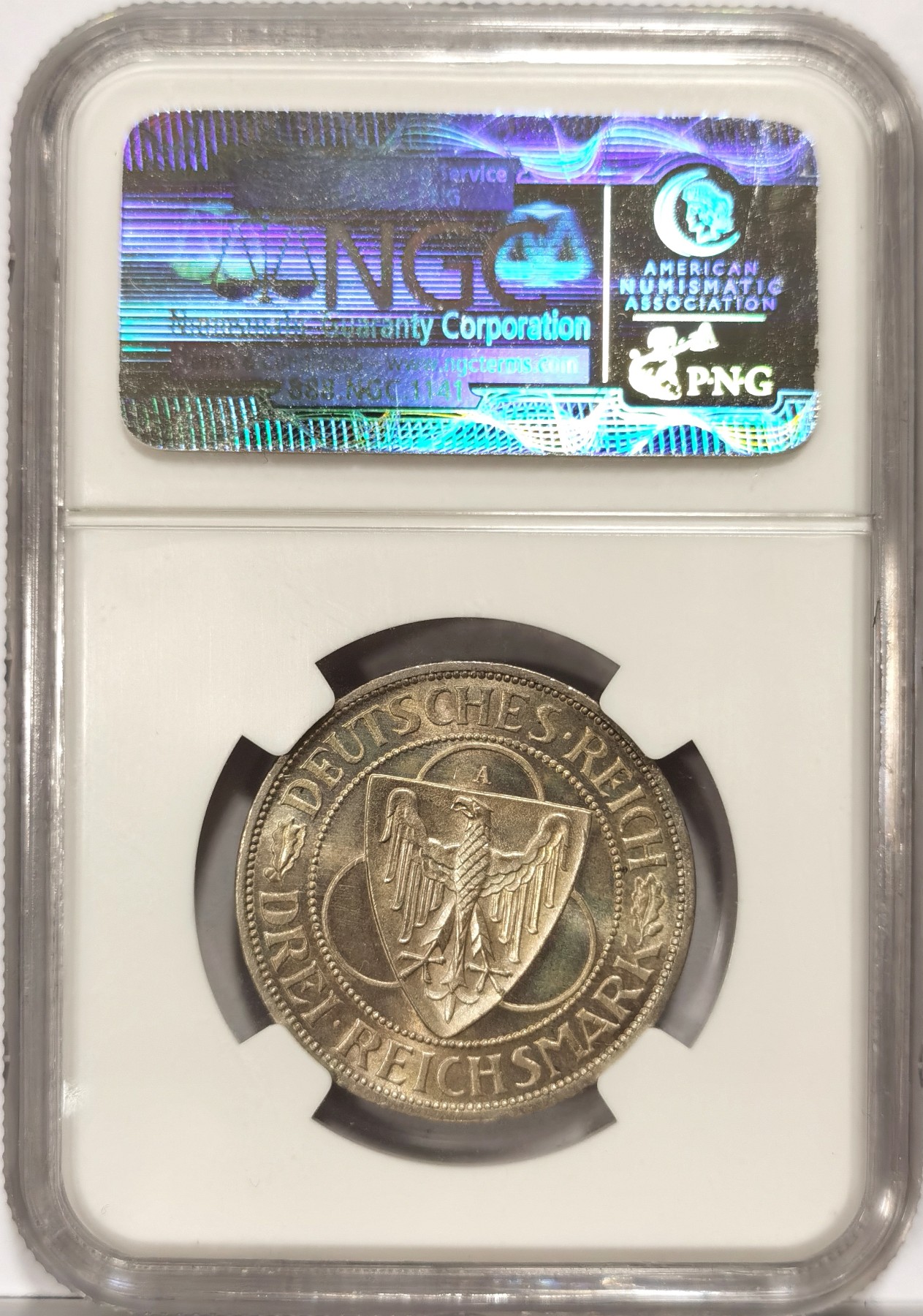 博洋堂世界钱币拍卖第066期（全场包邮） 1930年魏玛莱茵兰解放3马克纪念银币NGC-MS64，原汁原味老包浆，包浆醇厚，打制精美。极美车轮十字光，淡彩币面清爽干净又漂亮，银光闪烁，状态极佳