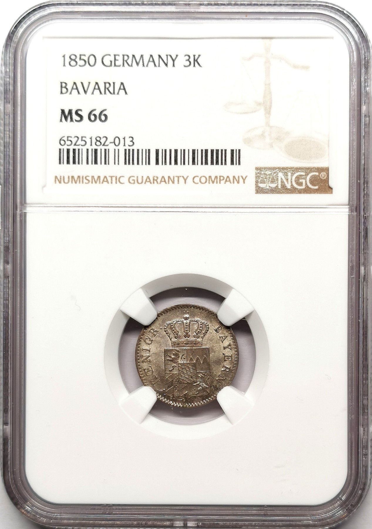凡希社世界钱币微拍第二百六十一期（龙年开运场） 1850巴伐利亚3K银币NGC-MS66