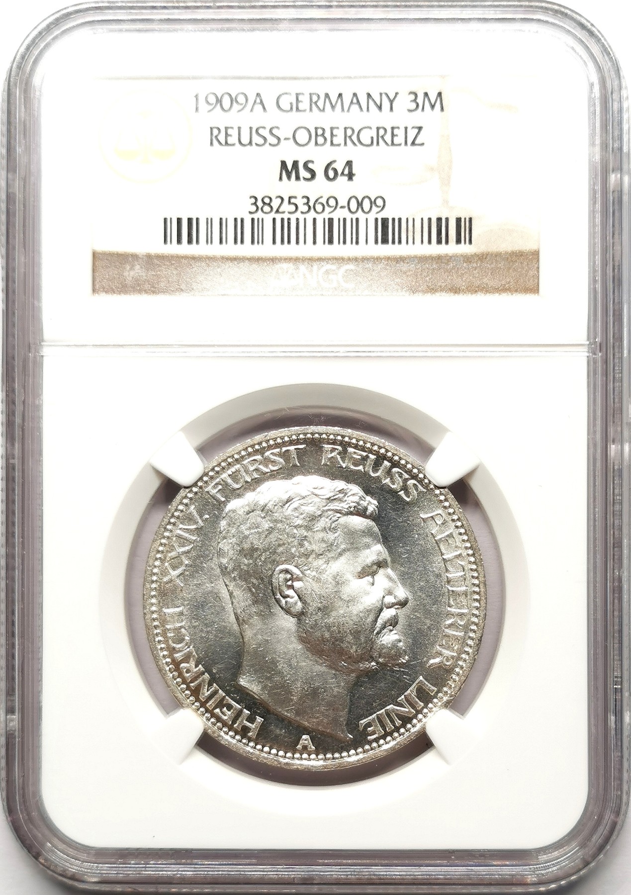 凡希社世界钱币微拍第二百六十一期（龙年开运场） 1909罗伊斯-上格莱茨3马克银币NGC-MS64 全银转光！