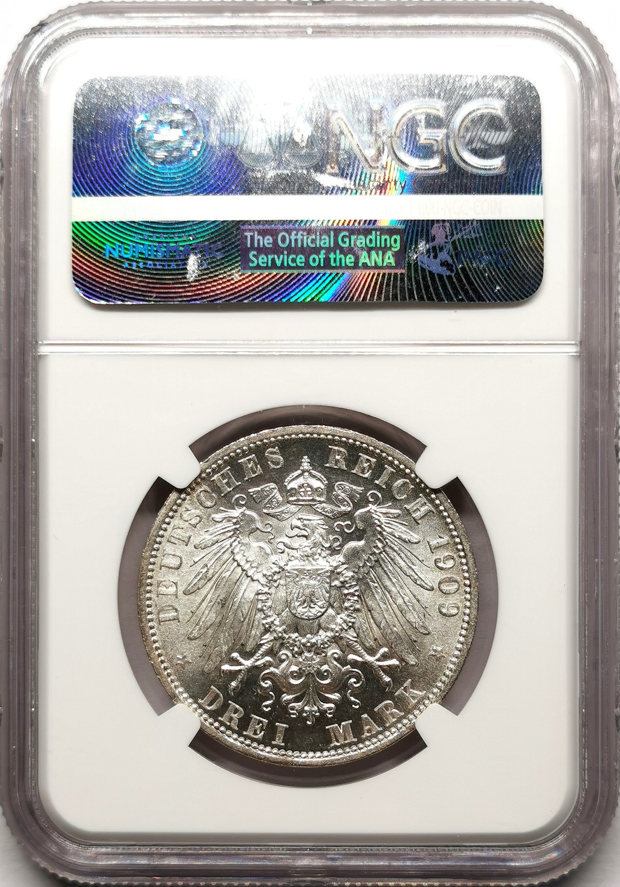 凡希社世界钱币微拍第二百六十一期（龙年开运场） 1909罗伊斯-上格莱茨3马克银币NGC-MS64 全银转光！