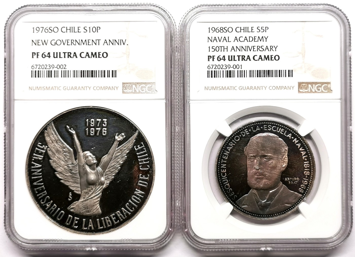 凡希社世界钱币微拍第二百六十一期（龙年开运场） 荐！1968/78智利新政府/海军学院两枚套PS，原状态评级，智利天使相当稀见的品种，NGC-PF64UC，实物紫罗兰自然氧化。