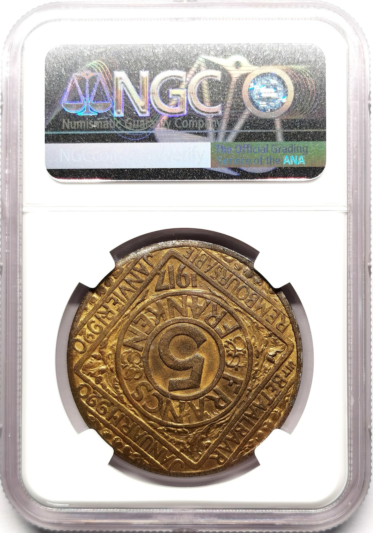 凡希社世界钱币微拍第二百六十一期（龙年开运场） 1917比利时德占根特5法郎NGC-MS64镀层完美！