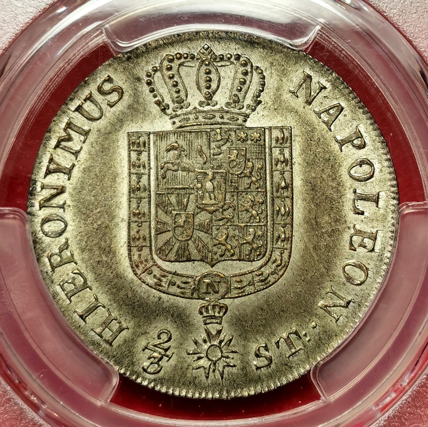 凡希社世界钱币微拍第二百六十一期（龙年开运场） 荐！1810B威斯特伐利亚 皇冠盾徽24Mariengroschen（2/3泰勒）PCGS-MS63 罕见品相收藏级，P唯一最高分&封面币！