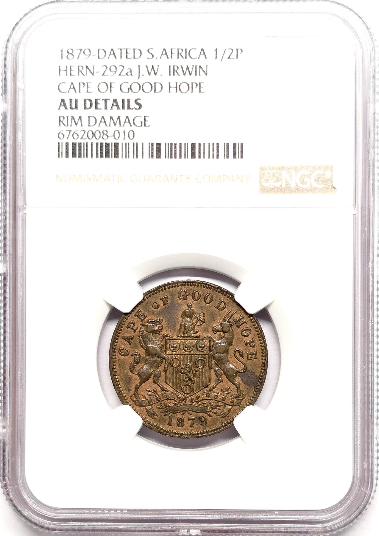 凡希社世界钱币微拍第二百六十一期（龙年开运场） 1879南非开普敦艾尔文1/2便士代用币NGC-AUD稀见！