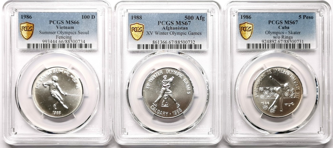 凡希社世界钱币微拍第二百六十一期（龙年开运场） 1986/88阿富汗/越南/古巴奥运纪念银币三枚一组PCGS-MS67/66/67