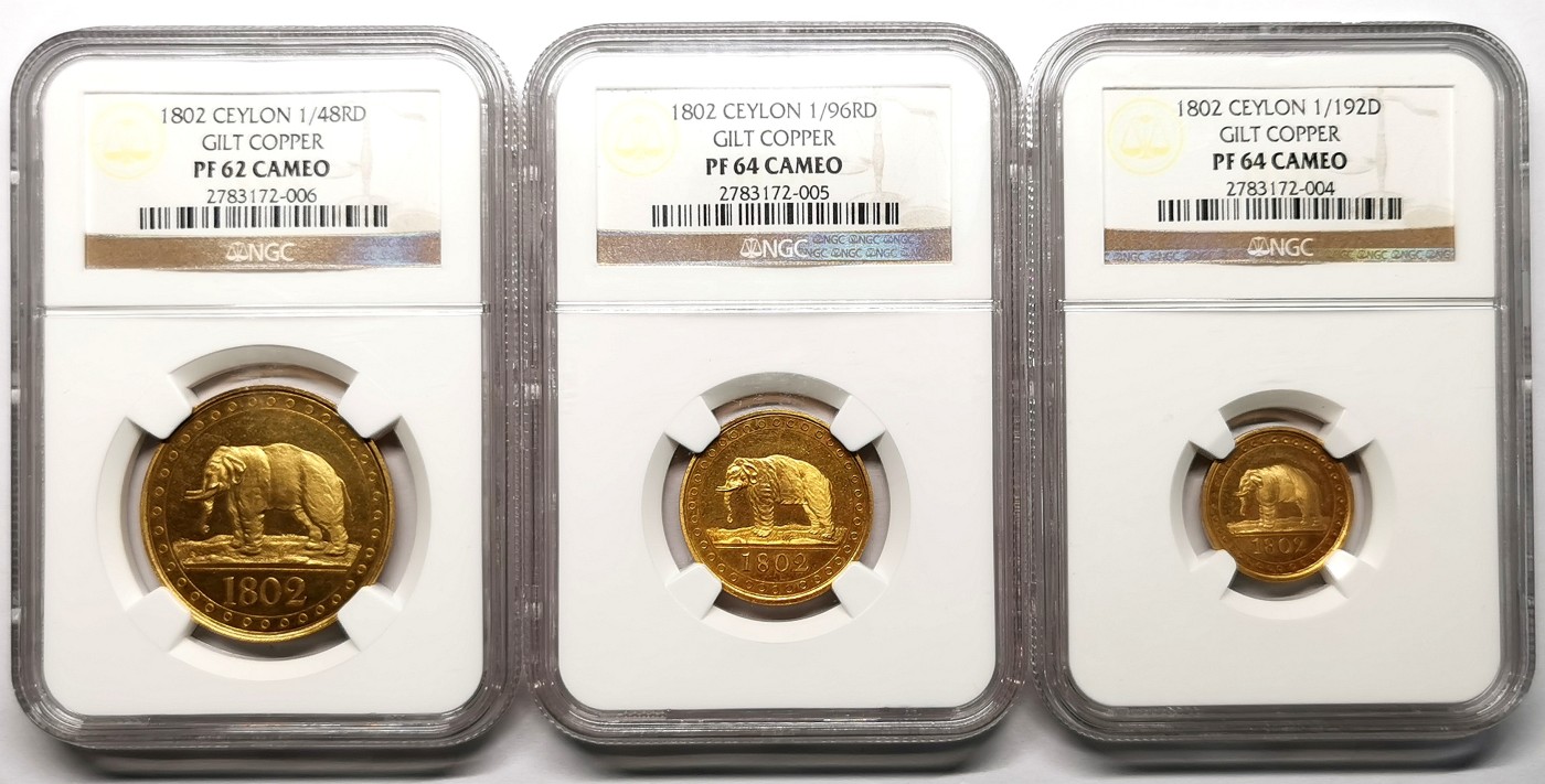 凡希社世界钱币微拍第二百六十一期（龙年开运场） 稀！1802英属锡兰大象精铸镀金铜币三枚套NGC-PF64/64/62CAMEO SOHO为该殖民地铸造的首套机制硬币，殖民地名誉品，广受欢迎且价格坚挺的品种，三枚全部为CAMEO尤为难得！仅仅一枚PR64的1/48RIX铜币在2021年拍出3720美元。