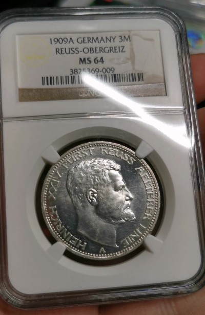 凡希社世界钱币微拍第二百六十一期（龙年开运场） 1909罗伊斯-上格莱茨3马克银币NGC-MS64 全银转光！