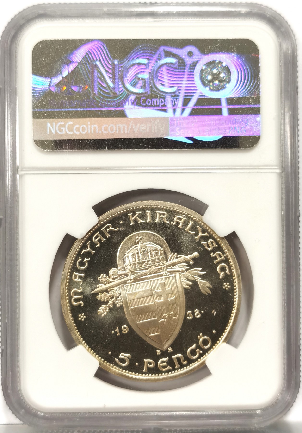 博洋堂世界钱币拍卖第066期（全场包邮） 1938年匈牙利圣斯蒂芬大公5潘果精制银币NGC-PF65，高分PROOF精制币，镜面状态，非常漂亮，获得更高评级数量才12枚