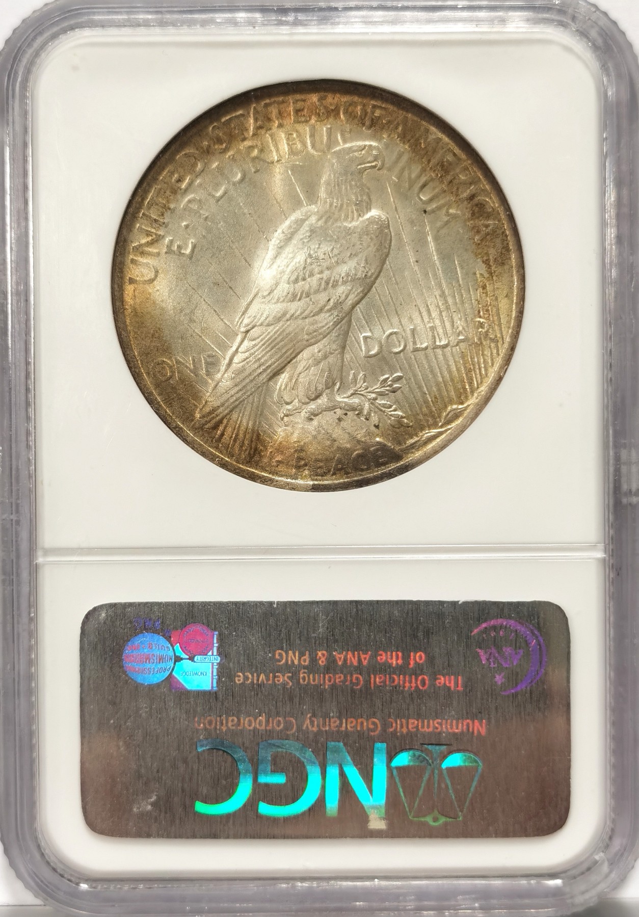 博洋堂世界钱币拍卖第066期（全场包邮） 1923-P 和平银元 五彩币 NGC-MS65，高分精品，原汁原味淡彩老包浆，币面清爽干净又漂亮，打制精美。N盒经典老白盒严评无官网图，状态一流