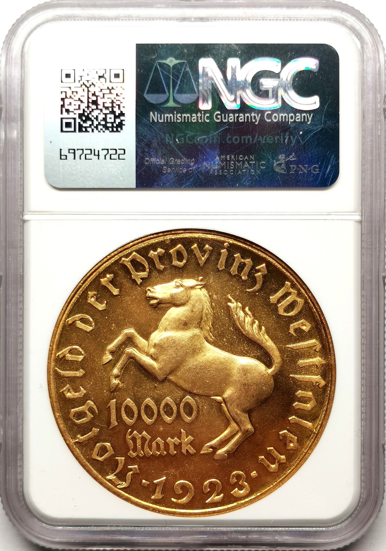 凡希社世界钱币微拍第二百六十一期（龙年开运场） 1923威斯特伐利亚镀金大马币10000马克NGC-MS65