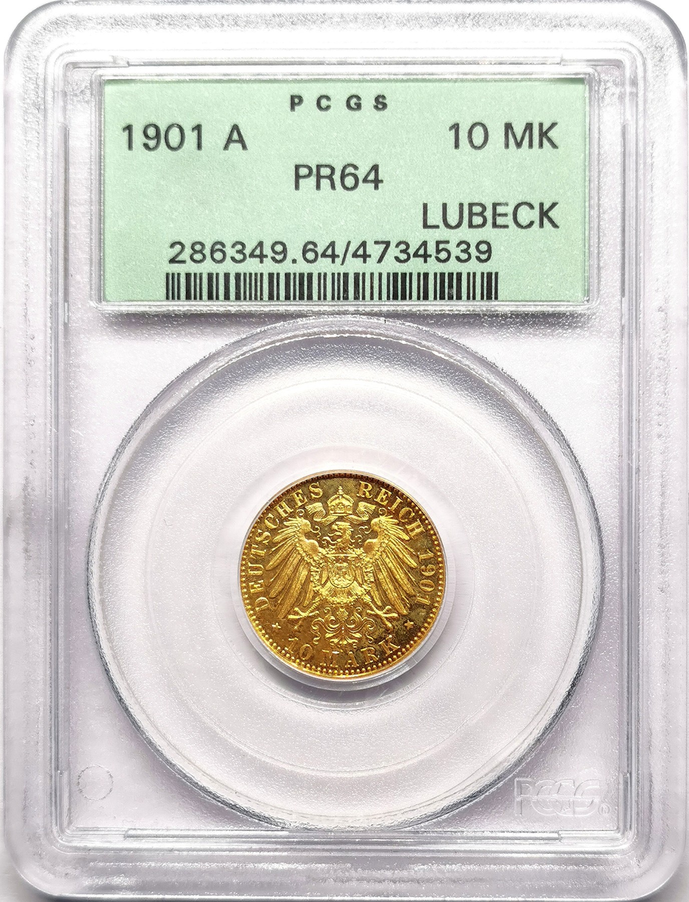 凡希社世界钱币微拍第二百六十一期（龙年开运场） 稀！1901A吕贝克10马克金币精铸PCGS-PR64 精铸极罕见，顶级品相！