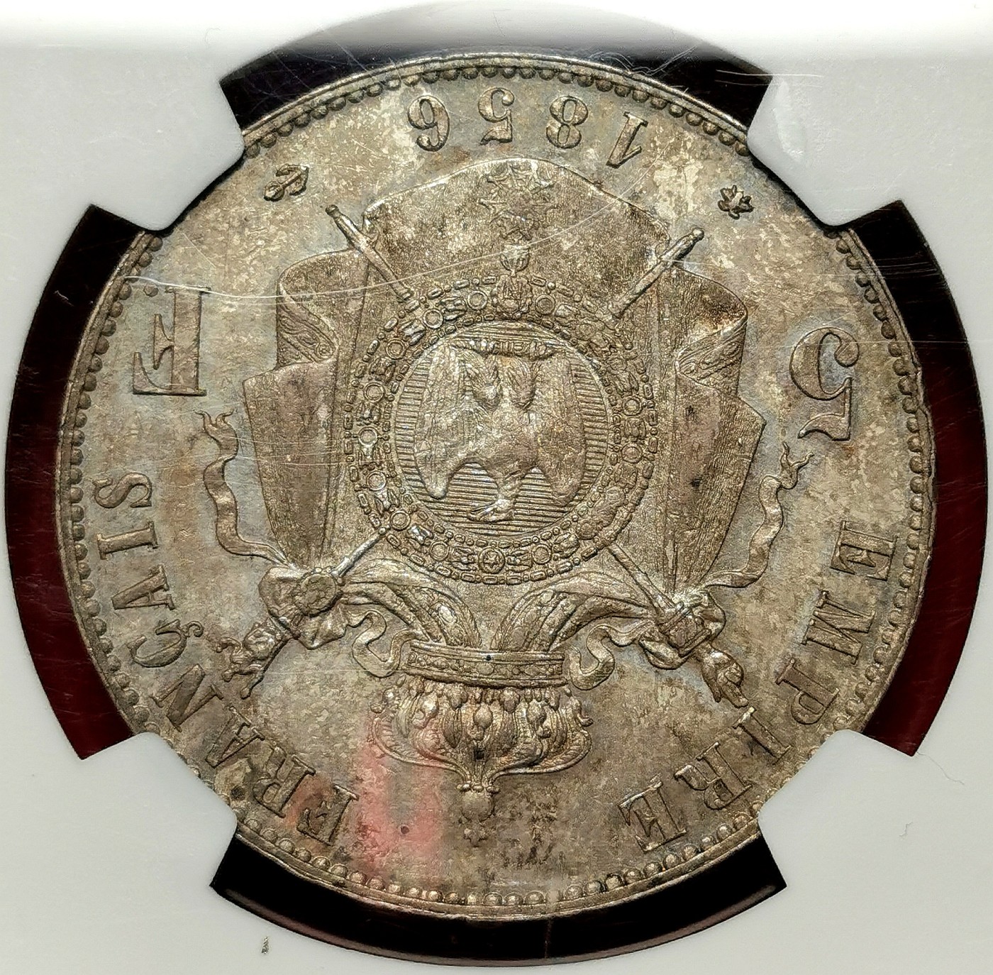 凡希社世界钱币微拍第二百六十一期（龙年开运场） 荐！1856BB法兰西第二帝国拿破仑三世5法郎大银NGC-MS63 原味烟熏彩，包浆质感一流！