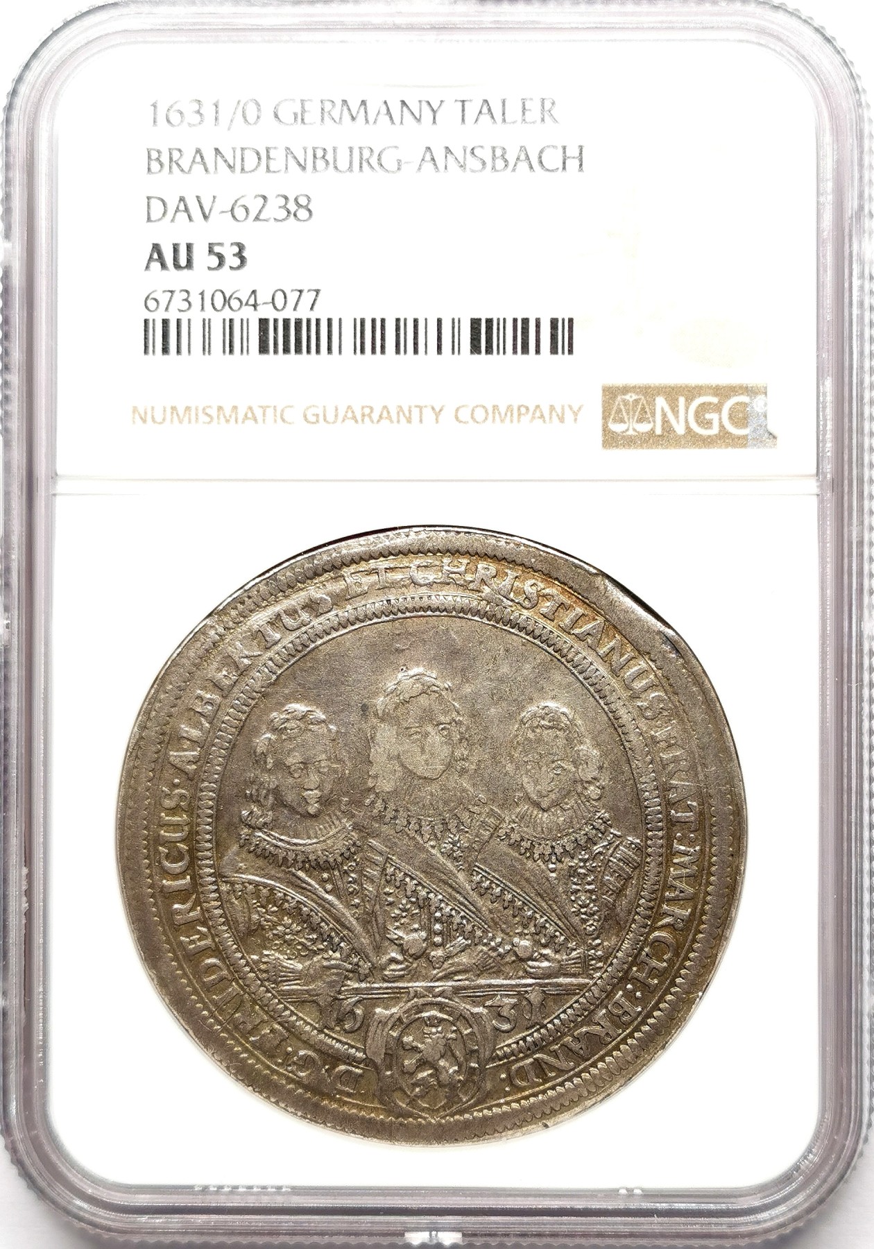 凡希社世界钱币微拍第二百六十一期（龙年开运场） 1631/0勃兰登堡-安斯巴赫三兄弟大型泰勒NGC-AU53 骑字版！