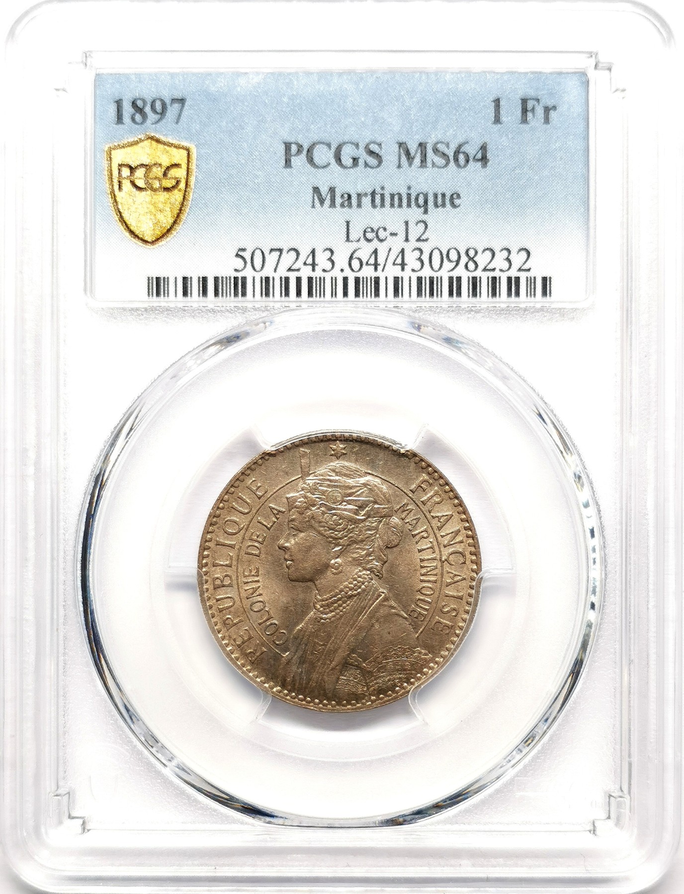 凡希社世界钱币微拍第二百六十一期（龙年开运场） 荐！1897法属马提尼克约瑟芬侧像1法郎PCGS-MS64 原光，P亚军分！