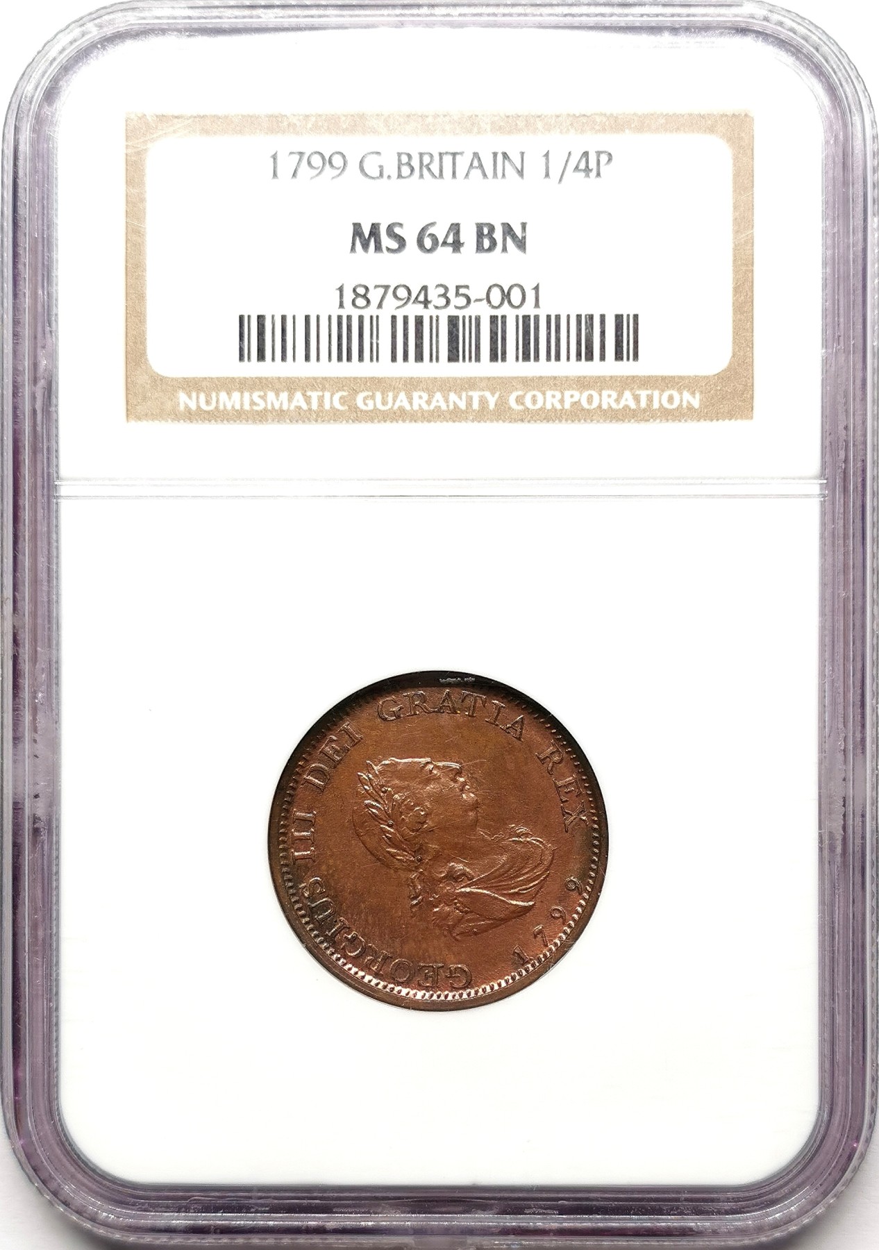 凡希社世界钱币微拍第二百六十一期（龙年开运场） 1799英国乔三1/4便士铜币NGC-MS64 铜色优美！