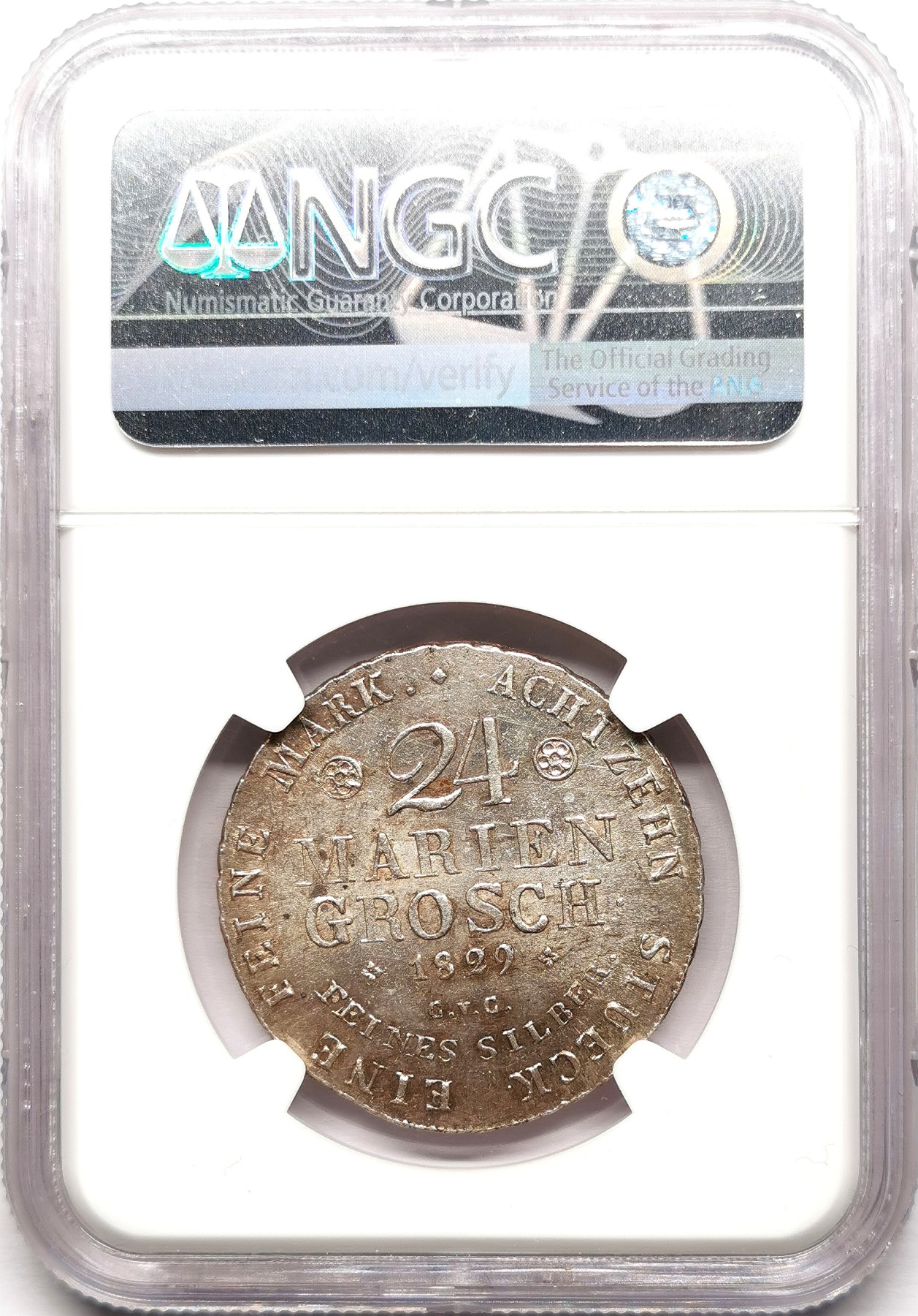 凡希社世界钱币微拍第二百六十一期（龙年开运场） 1829布伦瑞克-沃芬布特盾徽24MG（2/3泰勒）NGC-MS62 银光洋红彩！