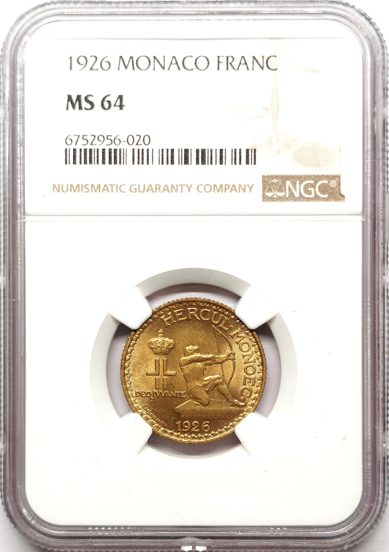 凡希社世界钱币微拍第二百六十一期（龙年开运场） 1926摩纳哥黄铜1法郎NGC-MS64