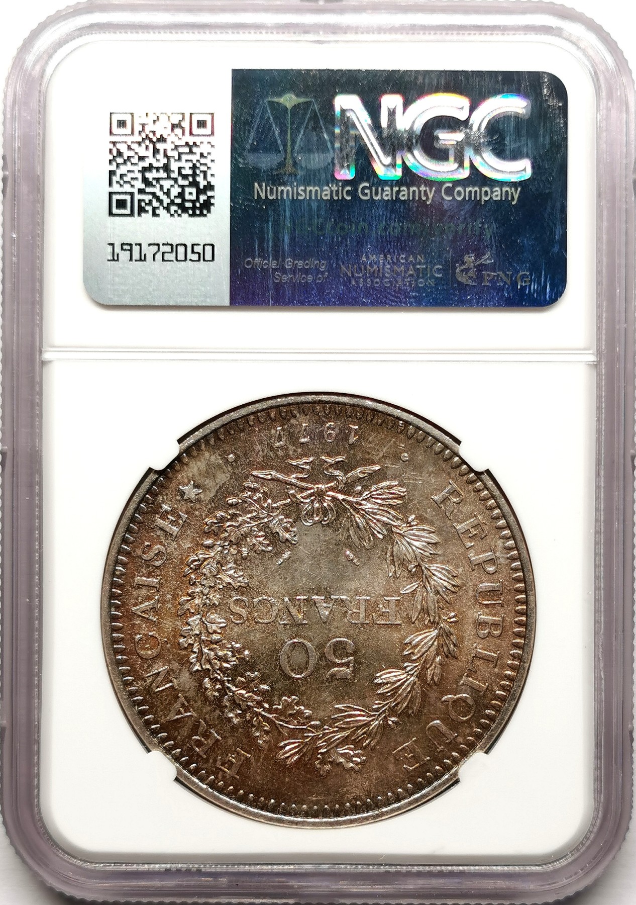 凡希社世界钱币微拍第二百六十一期（龙年开运场） 1977法国大力神50法郎大银NGC-MS65