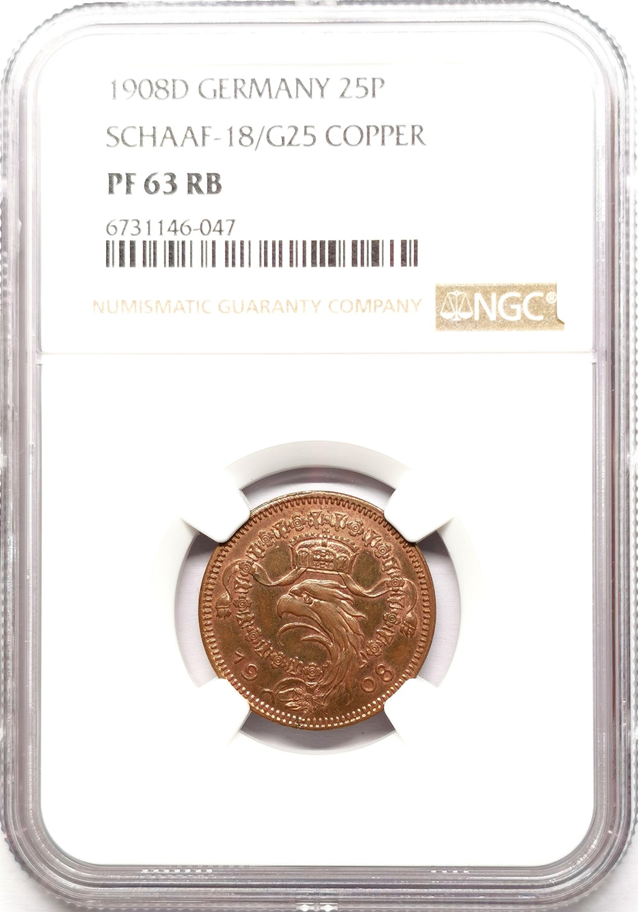 凡希社世界钱币微拍第二百六十一期（龙年开运场） 1908D德国皇冠鹰25芬尼铜样币NGC-PF63