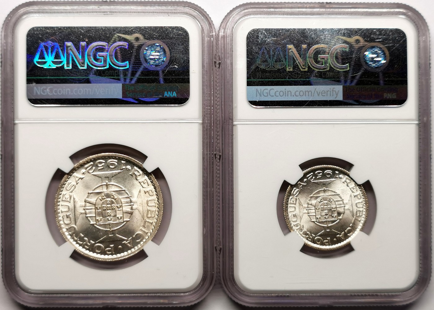 凡希社世界钱币微拍第二百六十一期（龙年开运场） 1952葡属安哥拉10/20E银币一对NGC-MS65