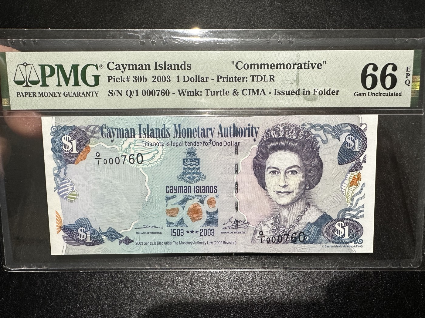 《外钞收藏家》第三百四十三期（评级场） 2003年开曼群岛群岛1刀 PMG66 百位号 纪念钞