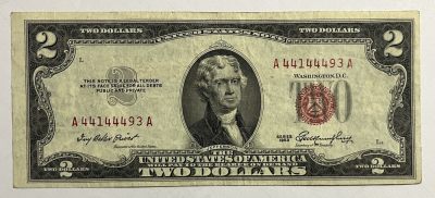 【礼羽收藏】🌏世界钱币拍卖第31期 - 1953版 2美元 政府券 United State Note 红色库印和冠号 冠号含5个4