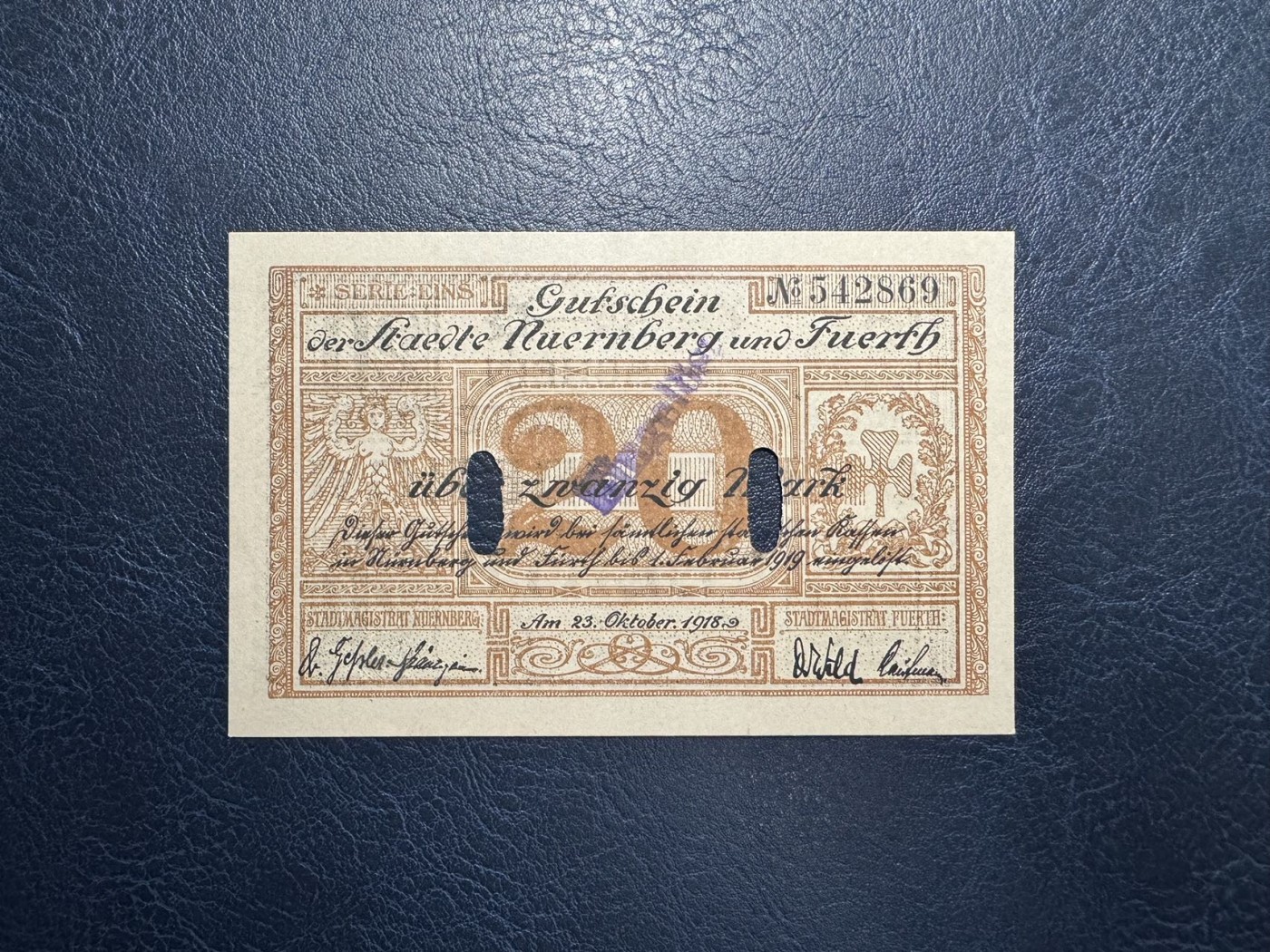 收藏联盟Quantum Auction 第327期拍卖  德国1918年20马克打孔样票 品相UNC