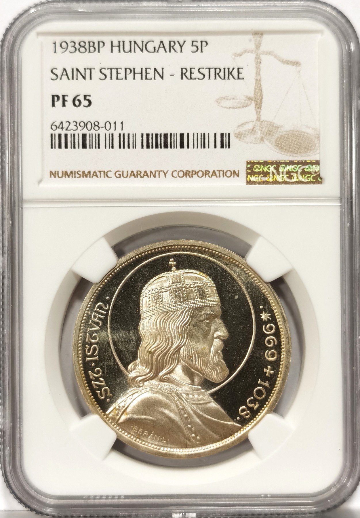 博洋堂世界钱币拍卖第066期（全场包邮） 1938年匈牙利圣斯蒂芬大公5潘果精制银币NGC-PF65，高分PROOF精制币，镜面状态，非常漂亮，获得更高评级数量才12枚