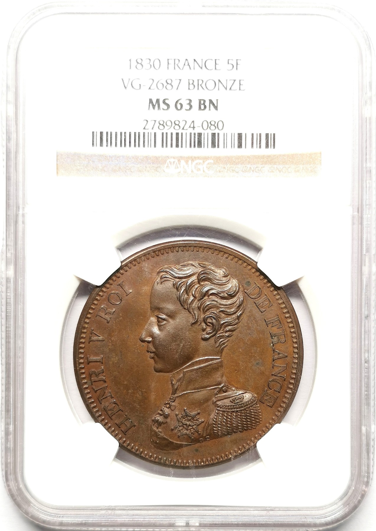 凡希社世界钱币微拍第二百六十一期（龙年开运场） 荐！1830法国僭主亨利五世5法郎铜样币NGC-MS63 原味巧克力色包浆！