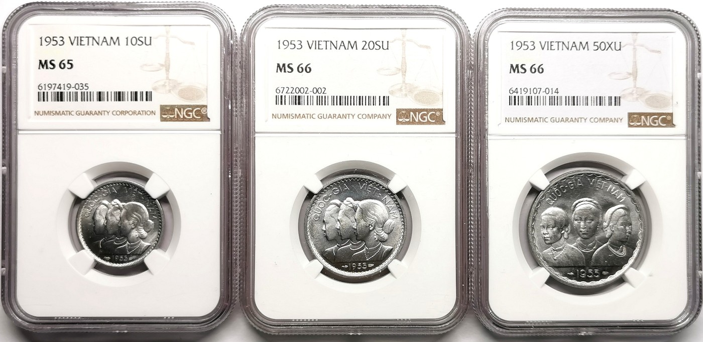 凡希社世界钱币微拍第二百六十一期（龙年开运场） 1953南越流通版三枚套民族妇女NGC-MS65/66/66高分顶级品！