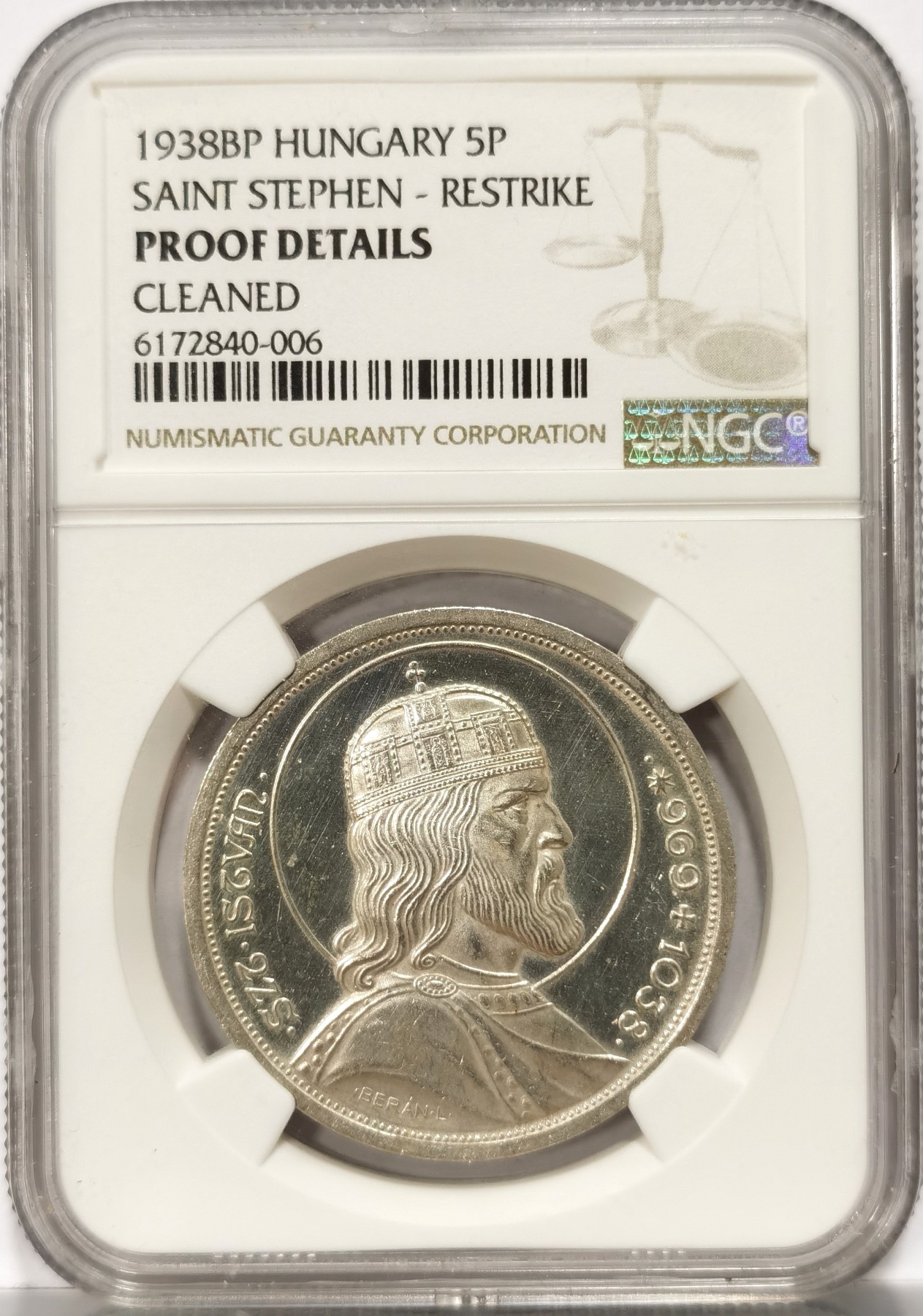 博洋堂世界钱币拍卖第066期（全场包邮） 1938年匈牙利圣斯蒂芬大公5潘果精制银币NGC-PROOF，虽为后铸造版本，发行量稀少，市面上极为少见的。PROOF精制币，镜面状态，非常漂亮