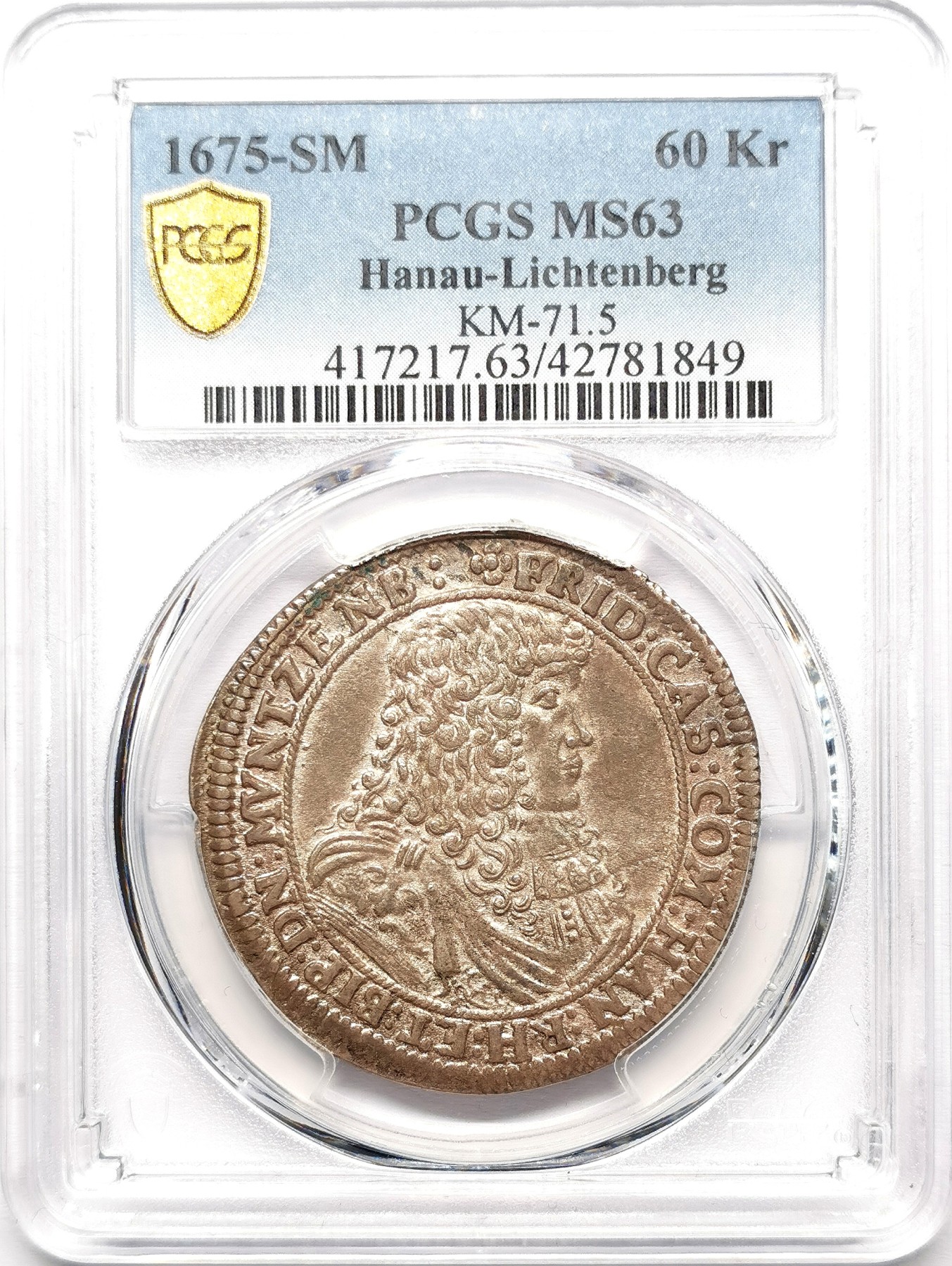 凡希社世界钱币微拍第二百六十一期（龙年开运场） 荐！1675哈瑙-利希滕贝格 弗里德里希60Kr（2/3泰勒）PCGS-MS63 传世欧陆包浆，P唯一最高分！