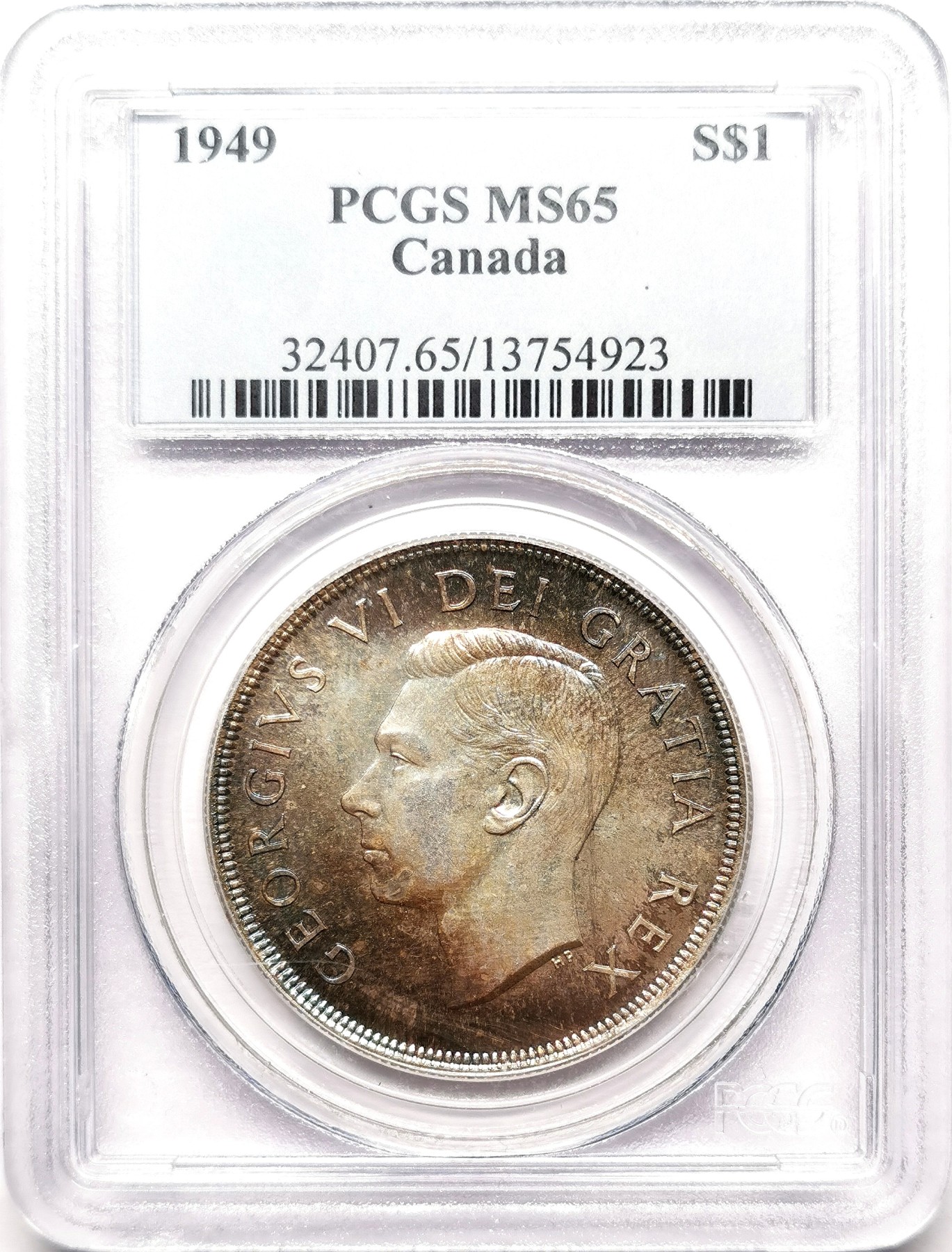 凡希社世界钱币微拍第二百六十一期（龙年开运场） 1949加拿大乔六纪念DOLLAR大银PCGS-MS65五彩！