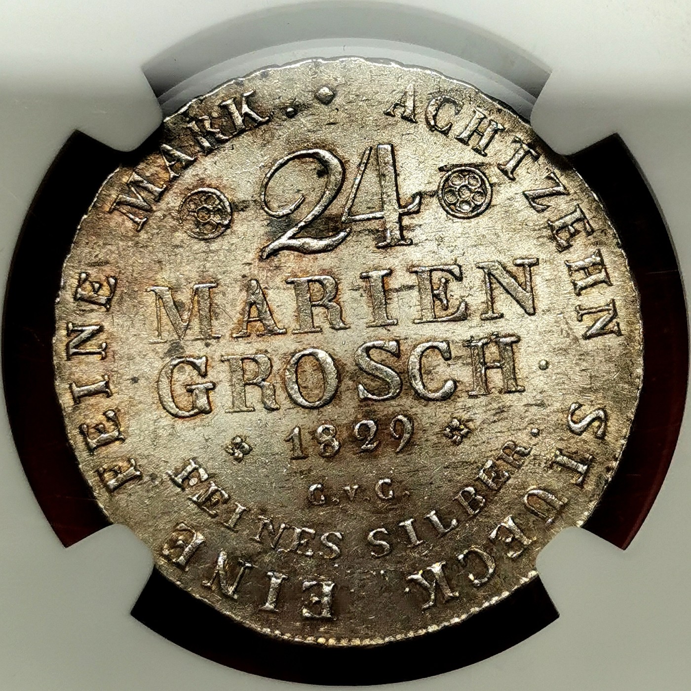 凡希社世界钱币微拍第二百六十一期（龙年开运场） 1829布伦瑞克-沃芬布特盾徽24MG（2/3泰勒）NGC-MS62 银光洋红彩！