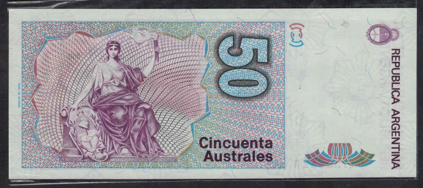 阿根廷1986年至1989年50奥斯特 P-326 A冠 无4 注意签名 美洲纸币 实物图 UNC