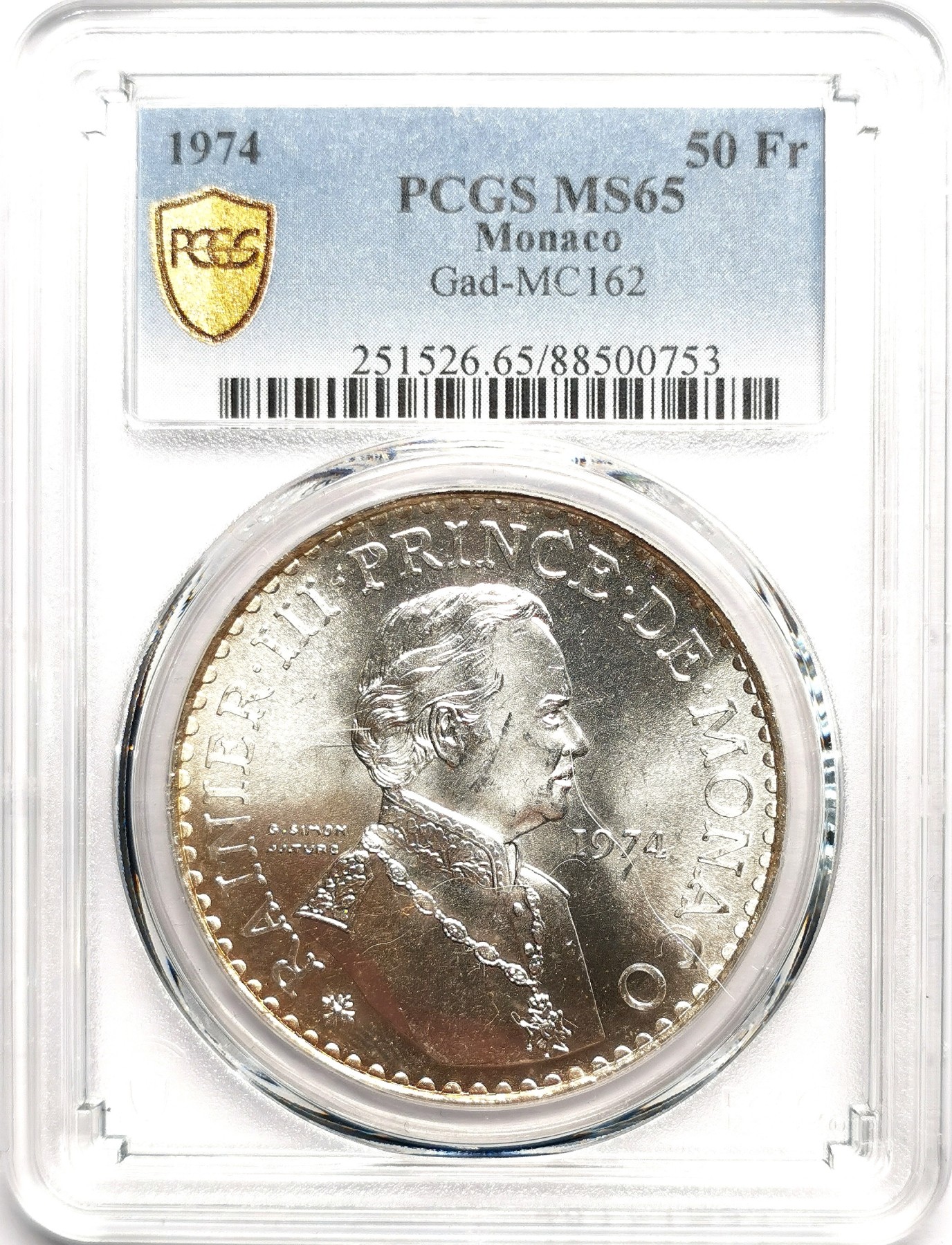 凡希社世界钱币微拍第二百六十一期（龙年开运场） 1974摩纳哥兰尼埃三世50法郎大银PCGS-MS65