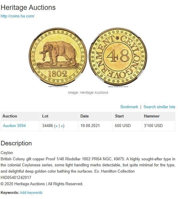 凡希社世界钱币微拍第二百六十一期（龙年开运场） 稀！1802英属锡兰大象精铸镀金铜币三枚套NGC-PF64/64/62CAMEO SOHO为该殖民地铸造的首套机制硬币，殖民地名誉品，广受欢迎且价格坚挺的品种，三枚全部为CAMEO尤为难得！仅仅一枚PR64的1/48RIX铜币在2021年拍出3720美元。