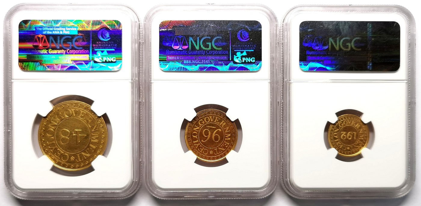 凡希社世界钱币微拍第二百六十一期（龙年开运场） 稀！1802英属锡兰大象精铸镀金铜币三枚套NGC-PF64/64/62CAMEO SOHO为该殖民地铸造的首套机制硬币，殖民地名誉品，广受欢迎且价格坚挺的品种，三枚全部为CAMEO尤为难得！仅仅一枚PR64的1/48RIX铜币在2021年拍出3720美元。