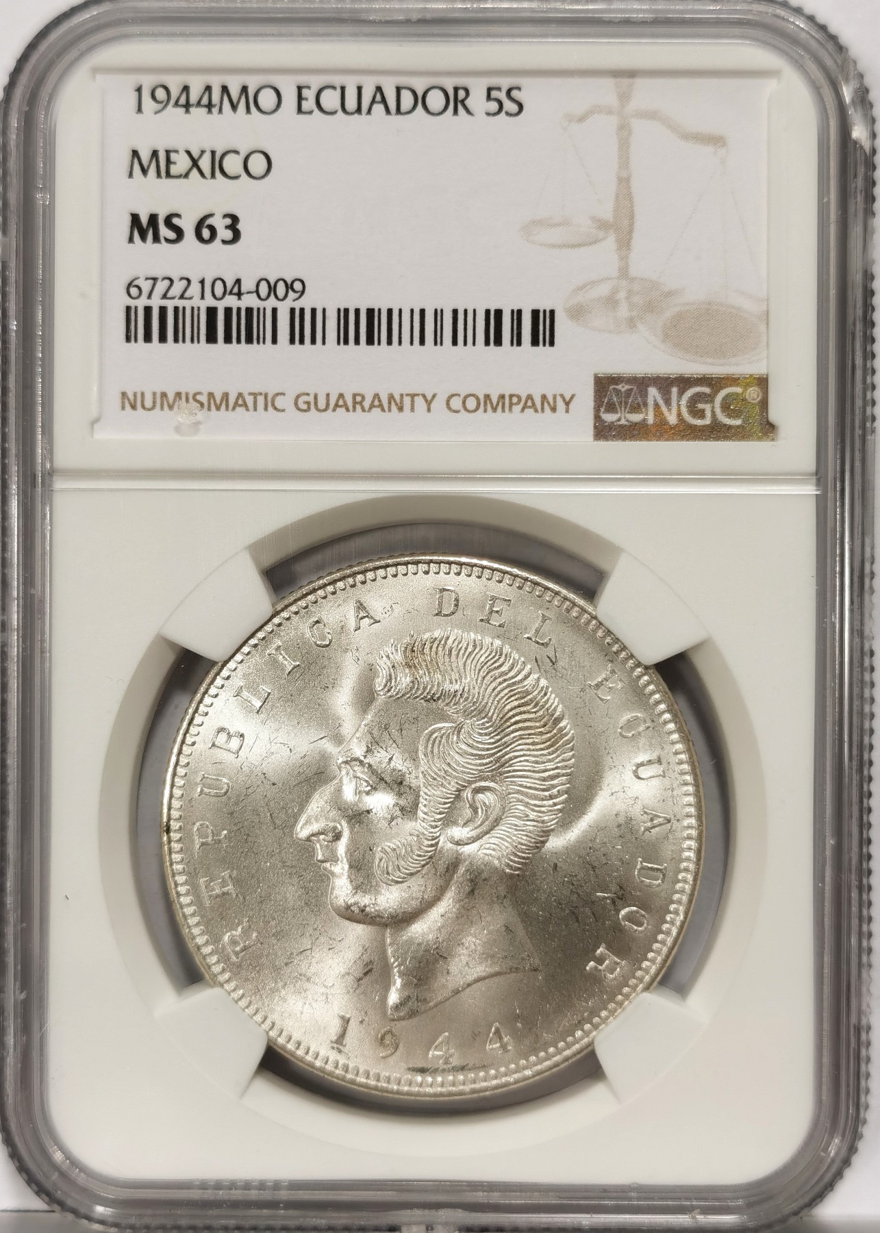 博洋堂世界钱币拍卖第066期（全场包邮） 1944年厄瓜多尔5苏克雷银币NGC-MS63，墨西哥铸造。原封卷拆，打制精美，银光闪闪，极美车轮强转光，状态极佳。新盒严评，品质和状态绝对不输MS64