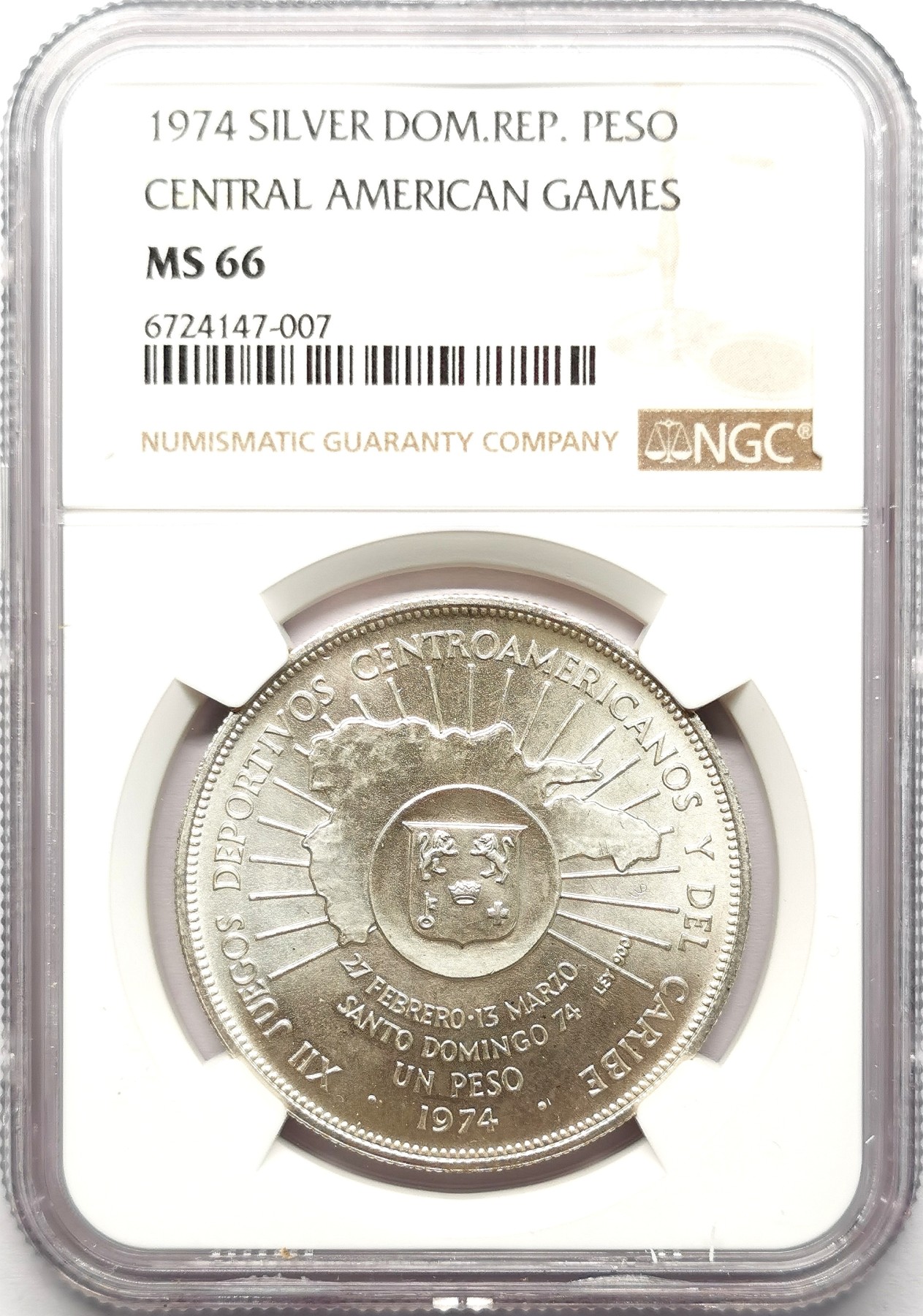 凡希社世界钱币微拍第二百六十一期（龙年开运场） 1974多米尼加中美洲运动会纪念比索大银NGC-MS66