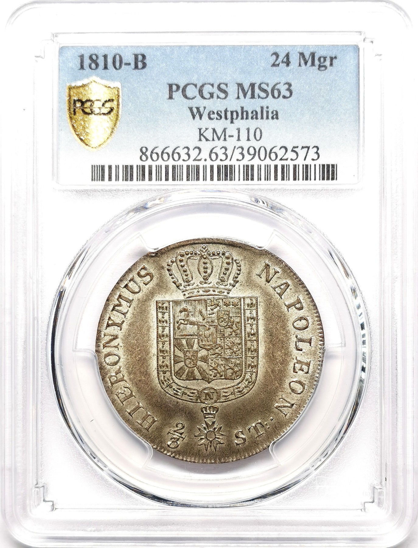 凡希社世界钱币微拍第二百六十一期（龙年开运场） 荐！1810B威斯特伐利亚 皇冠盾徽24Mariengroschen（2/3泰勒）PCGS-MS63 罕见品相收藏级，P唯一最高分&封面币！