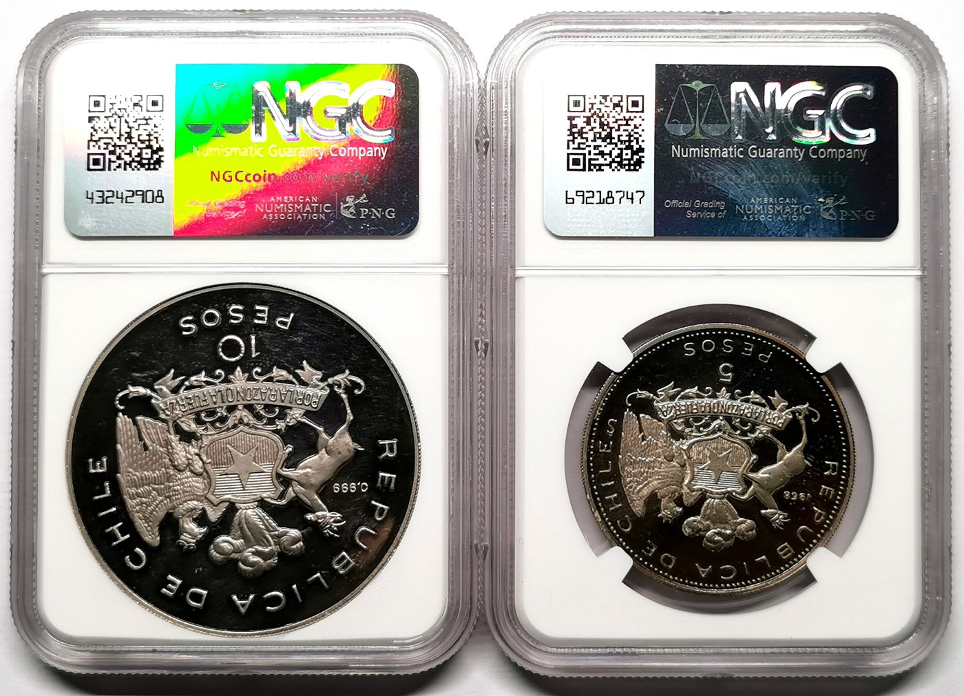 凡希社世界钱币微拍第二百六十一期（龙年开运场） 荐！1968/78智利新政府/海军学院两枚套PS，原状态评级，智利天使相当稀见的品种，NGC-PF64UC，实物紫罗兰自然氧化。