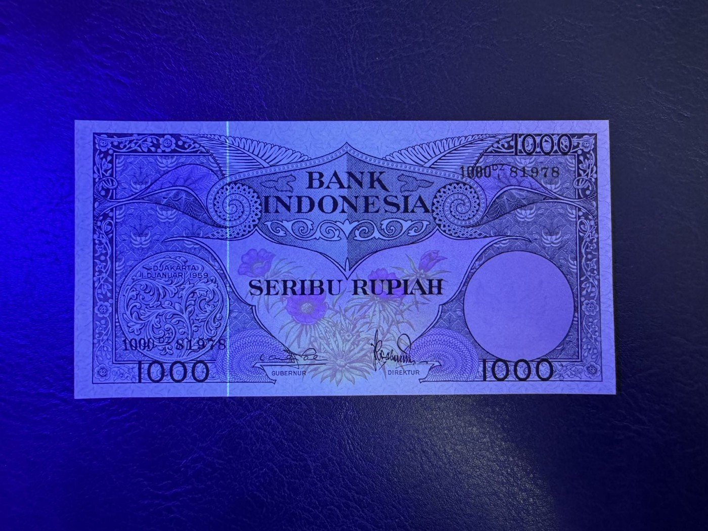 收藏联盟Quantum Auction 第327期拍卖  印度尼西亚1959年1000卢比 品相UNC- 边缘瑕疵 天堂鸟