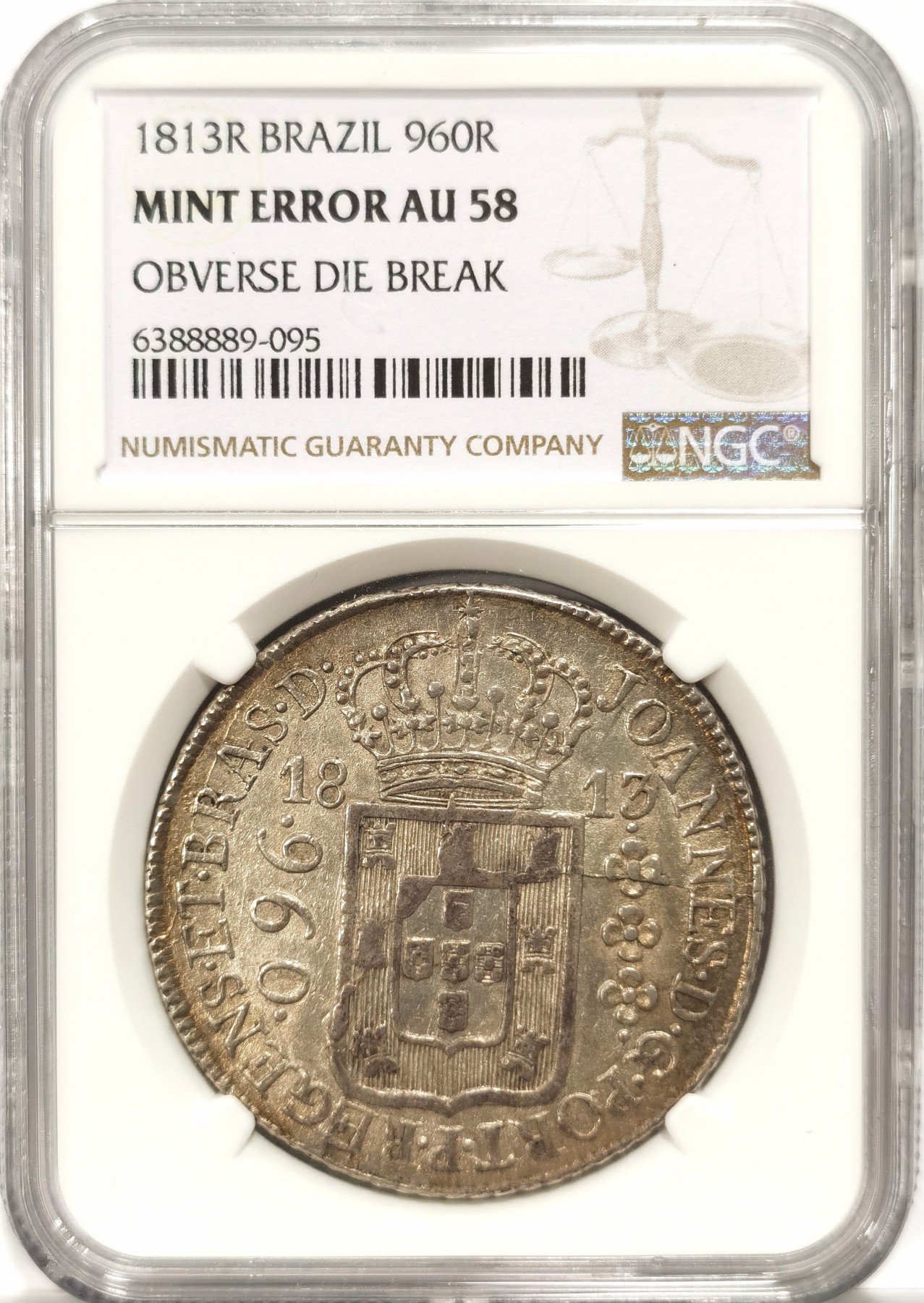 博洋堂世界钱币拍卖第066期（全场包邮） NGC MINT ERROR AU58 葡属巴西1813年R版960R大银币，原味包浆，罕见铸造错版