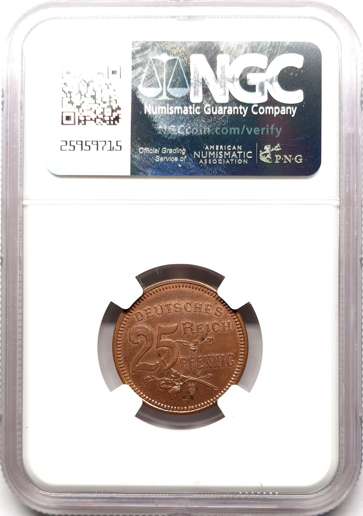 凡希社世界钱币微拍第二百六十一期（龙年开运场） 1908D德国皇冠鹰25芬尼铜样币NGC-PF63