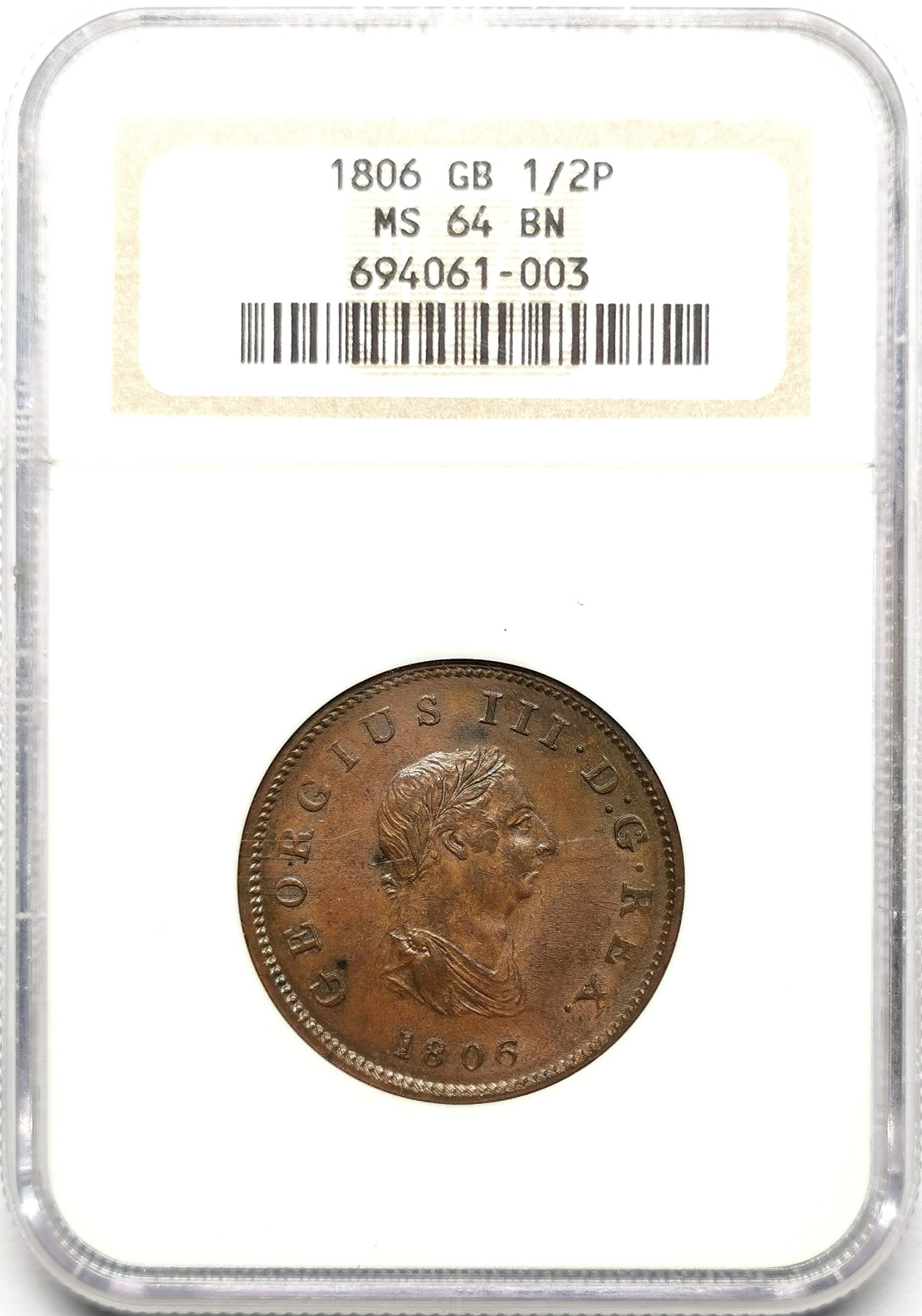 凡希社世界钱币微拍第二百六十一期（龙年开运场） 1806英国乔三1/2便士铜币NGC-MS64 底板丝滑，质感极佳！