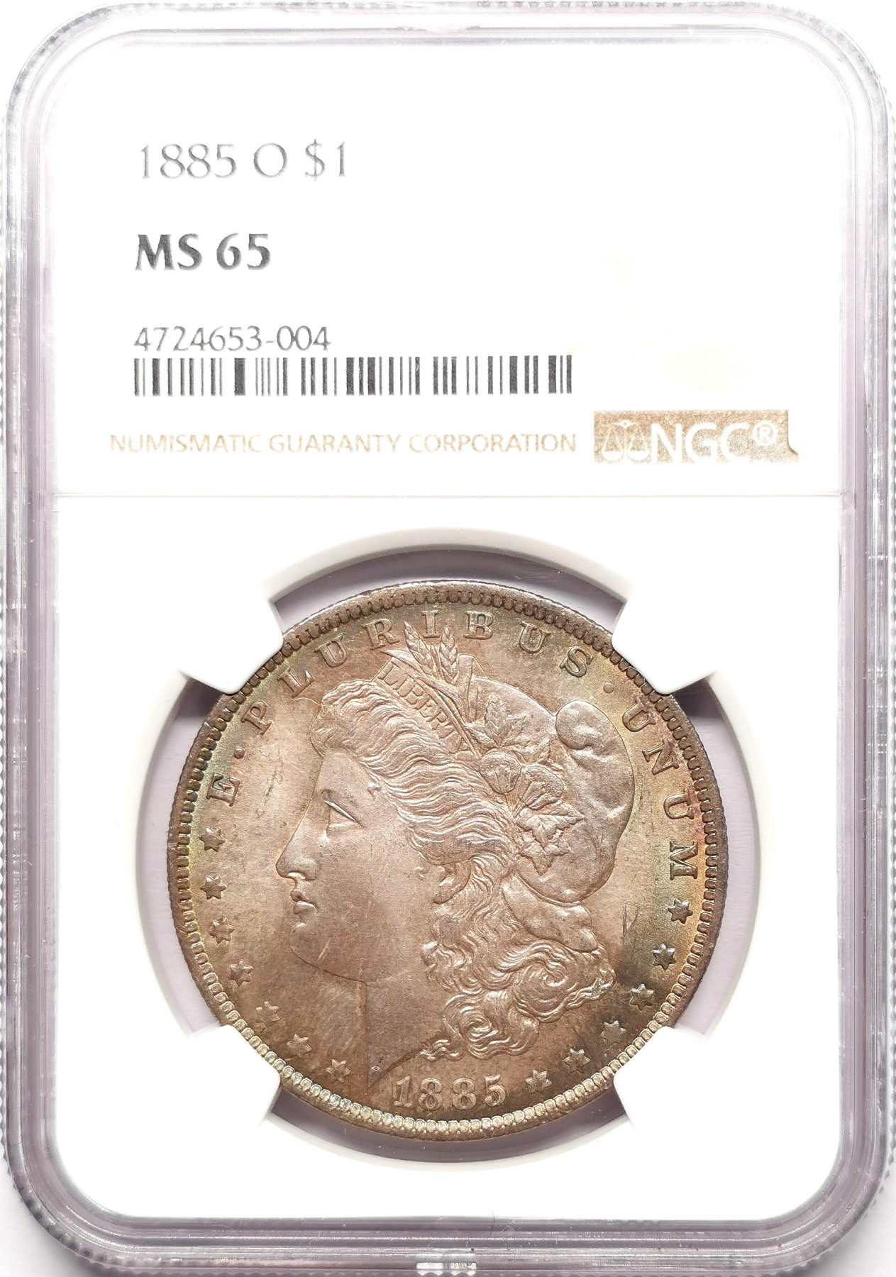 凡希社世界钱币微拍第二百六十一期（龙年开运场） 1885O美国摩根壹元NGC-MS65金绿五彩，实物极赞！