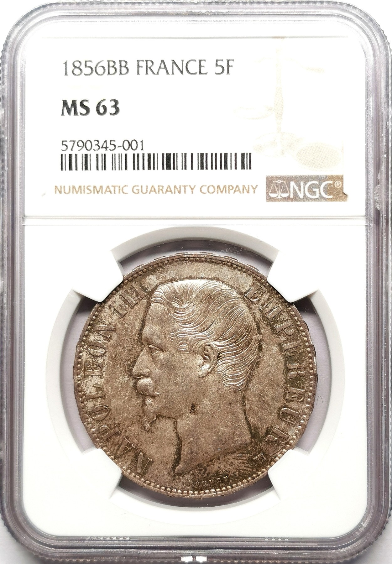 凡希社世界钱币微拍第二百六十一期（龙年开运场） 荐！1856BB法兰西第二帝国拿破仑三世5法郎大银NGC-MS63 原味烟熏彩，包浆质感一流！
