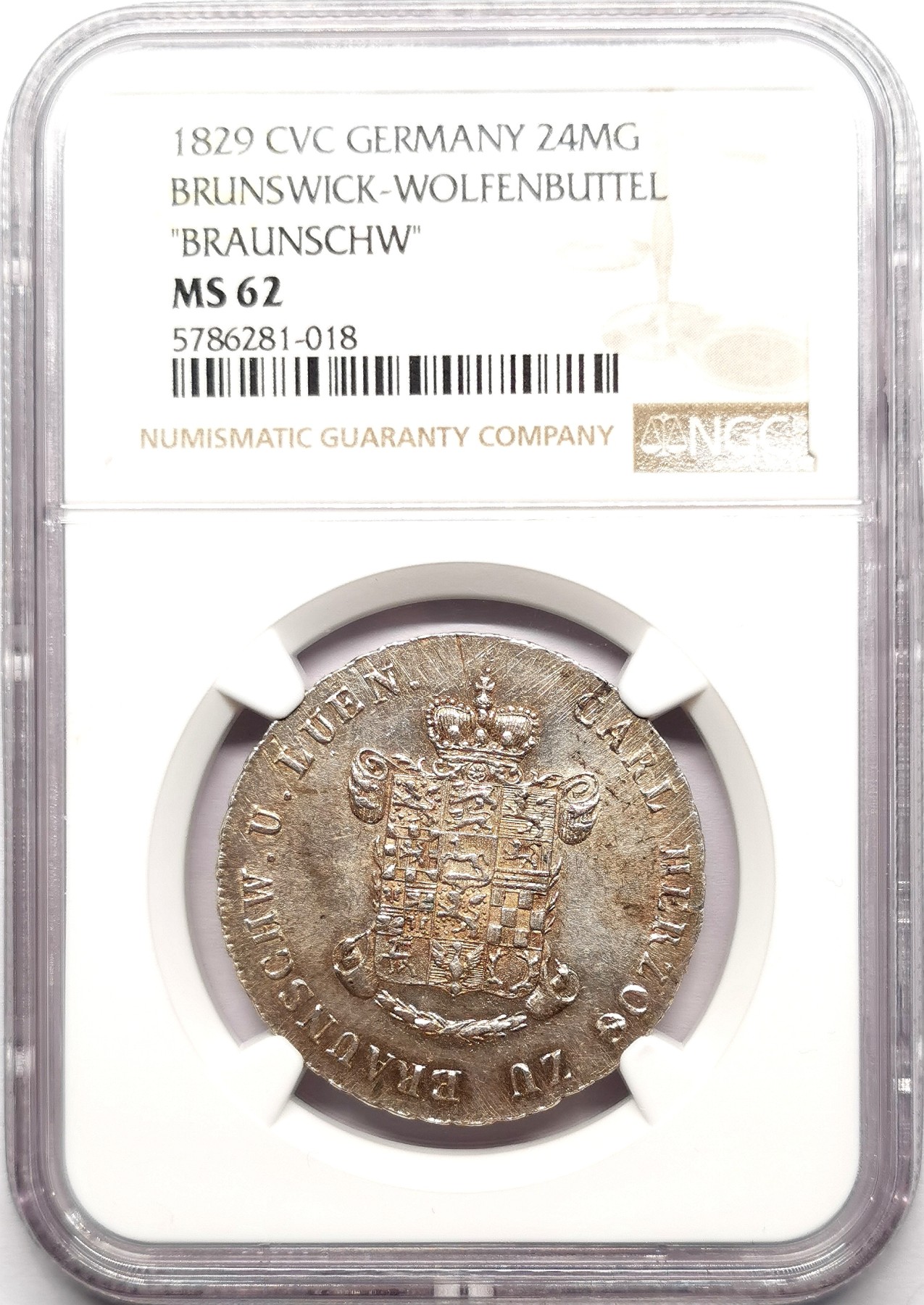 凡希社世界钱币微拍第二百六十一期（龙年开运场） 1829布伦瑞克-沃芬布特盾徽24MG（2/3泰勒）NGC-MS62 银光洋红彩！