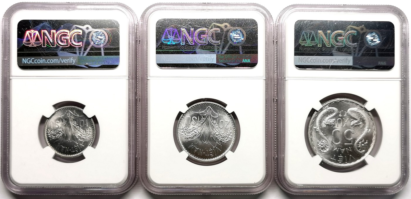凡希社世界钱币微拍第二百六十一期（龙年开运场） 1953南越流通版三枚套民族妇女NGC-MS65/66/66高分顶级品！